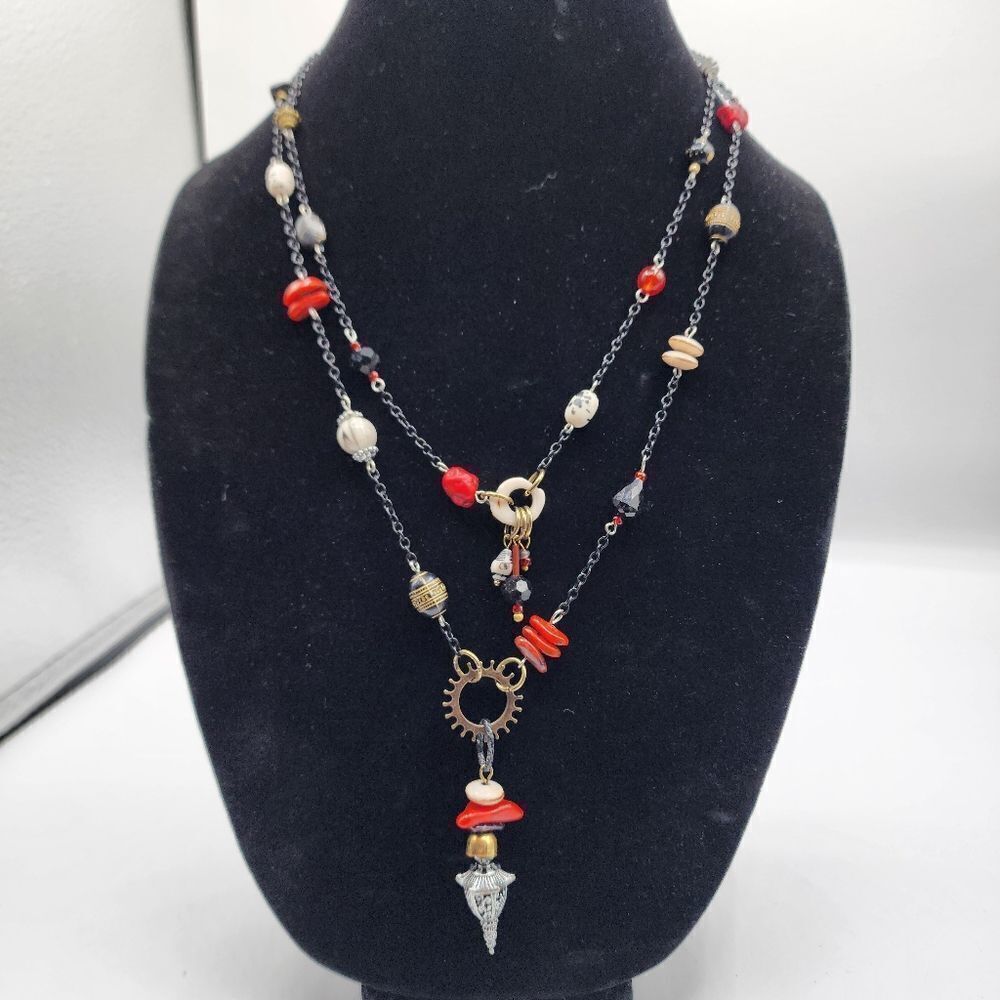 Treska black red & white double strand necklace